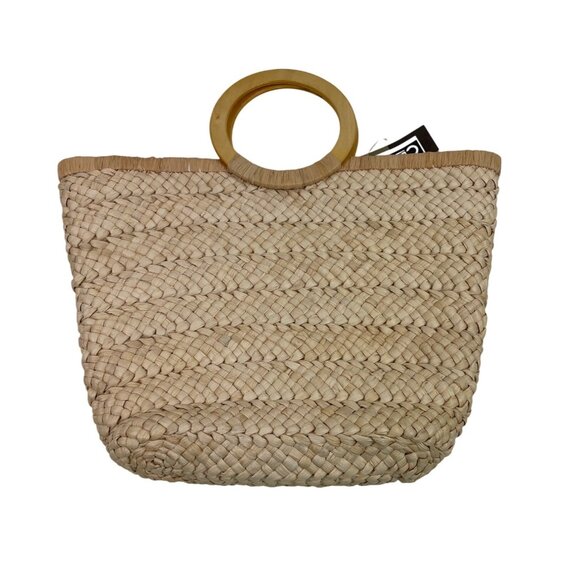 Cee Klein Woven Straw Tote Bag With Wooden Handle & Beaded Butterfly Design - Picture 2 of 9